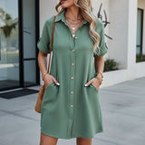 Women's Midi Shirt Dress – Short Sleeve, Cotton Gauze & Button-Front Pockets