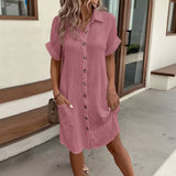 Women's Midi Shirt Dress – Short Sleeve, Cotton Gauze & Button-Front Pockets