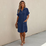 Women's Midi Shirt Dress – Short Sleeve, Cotton Gauze & Button-Front Pockets