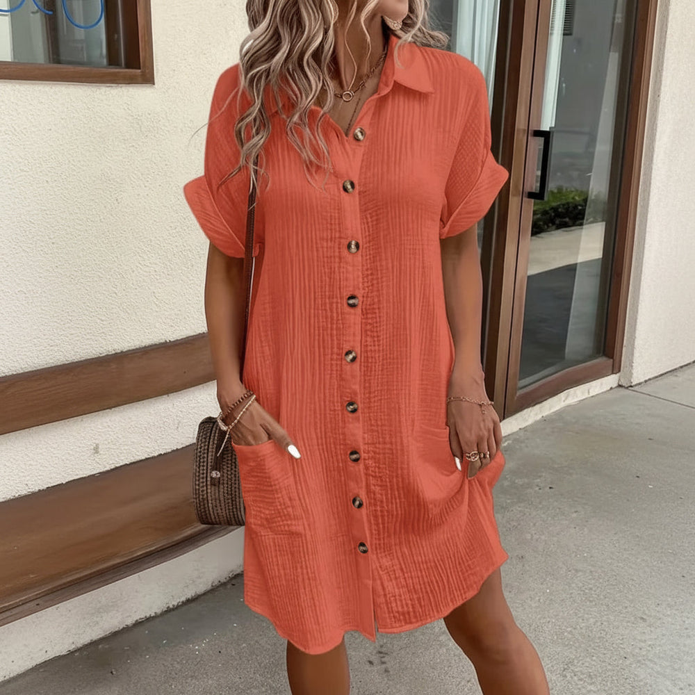 Women's Midi Shirt Dress – Short Sleeve, Cotton Gauze & Button-Front Pockets