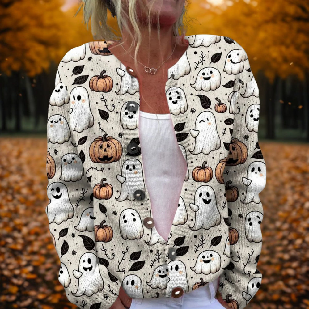 Madison | Women's Open-Front Halloween Knit Cardigan Ghost Pumpkin Print
