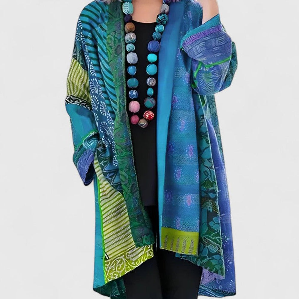Penelope | Women's Open-Front Patchwork Print Long Cardigan