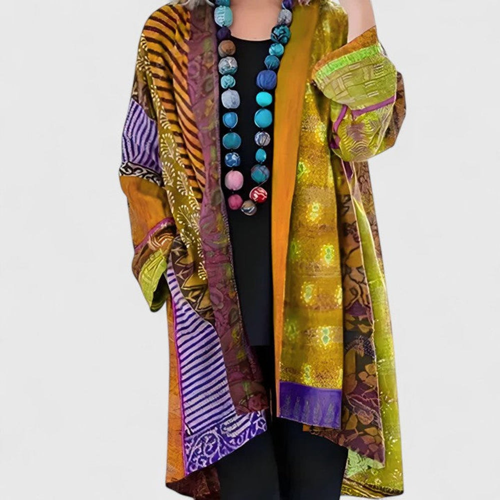 Penelope | Women's Open-Front Patchwork Print Long Cardigan