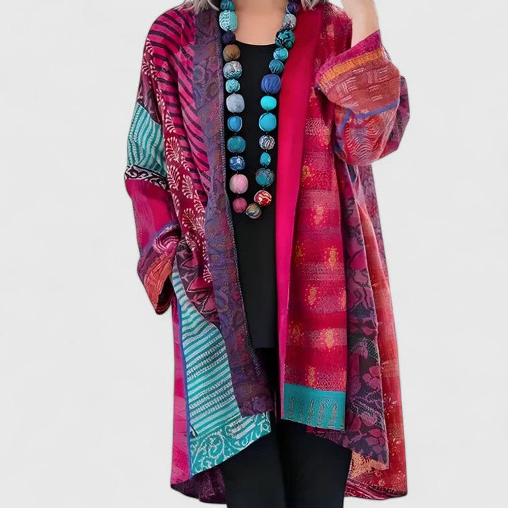Penelope | Women's Open-Front Patchwork Print Long Cardigan
