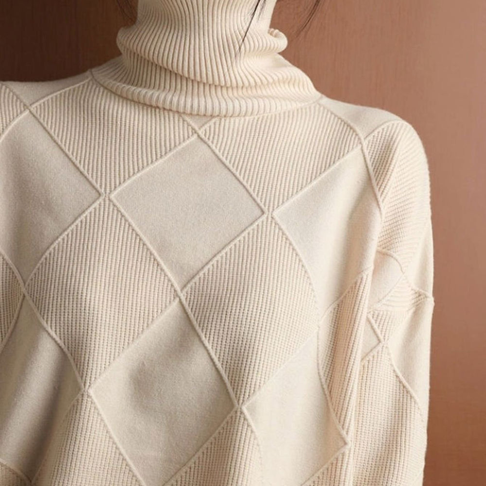 Camila | Women's Oversized Diamond-Texture Turtleneck Knit Sweater - 10