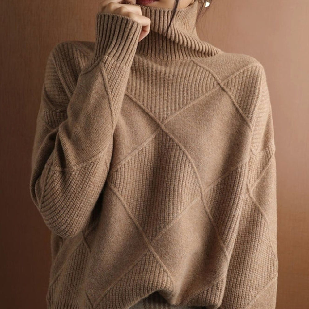 Camila | Women's Oversized Diamond-Texture Turtleneck Knit Sweater - 11