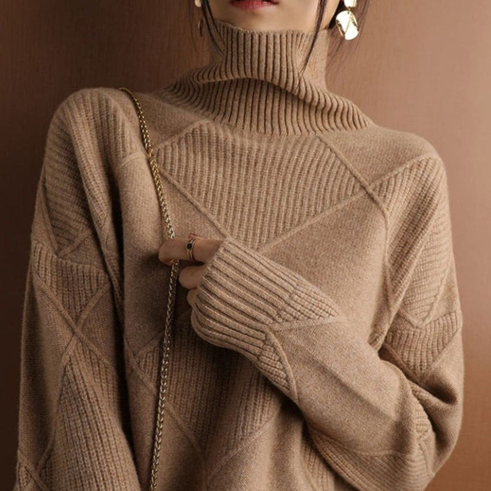Camila | Women's Oversized Diamond-Texture Turtleneck Knit Sweater - 12