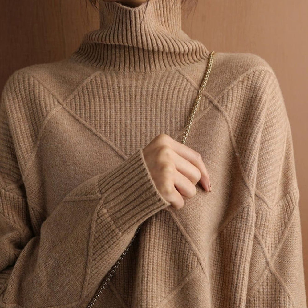 Camila | Women's Oversized Diamond-Texture Turtleneck Knit Sweater - 13