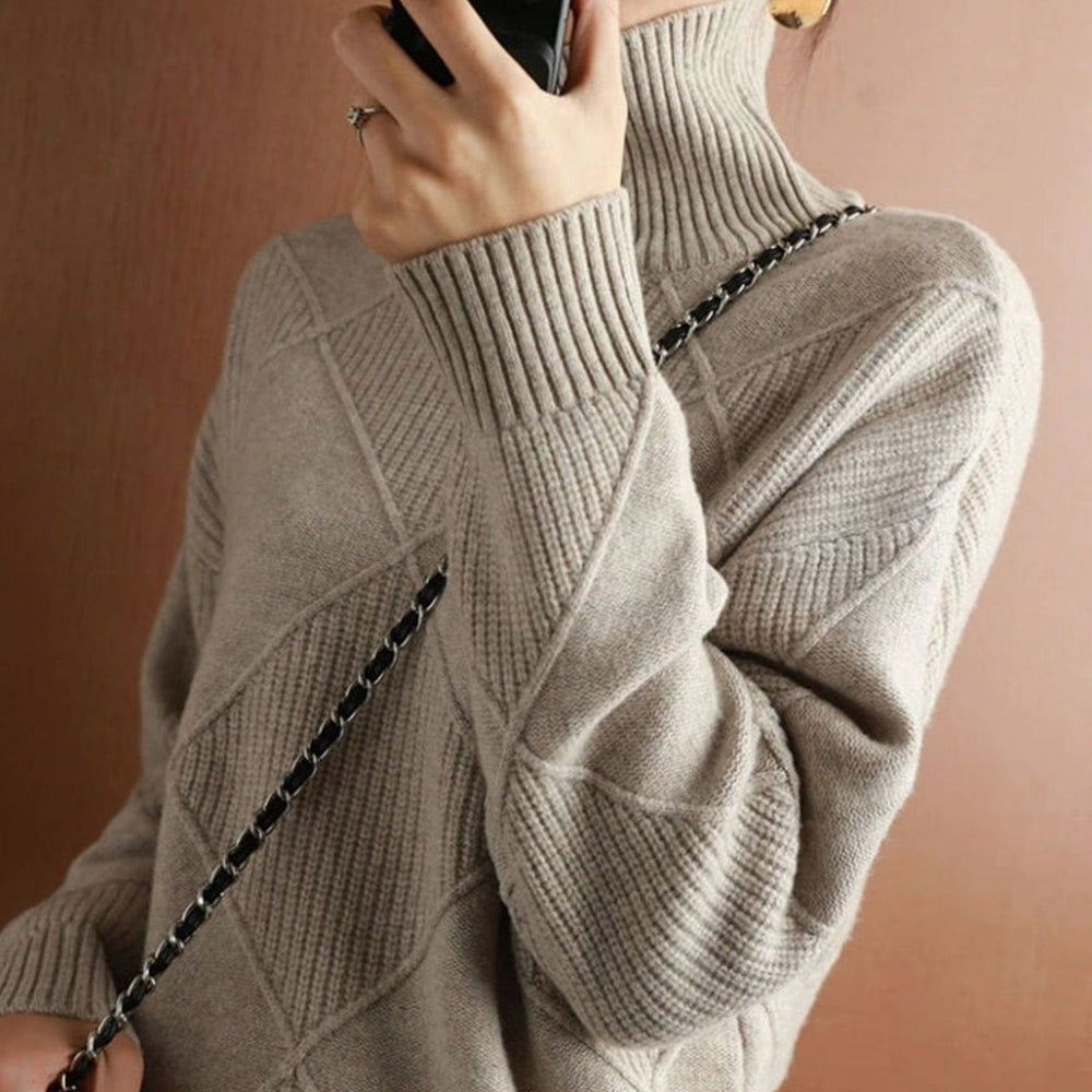Camila | Women's Oversized Diamond-Texture Turtleneck Knit Sweater - 14