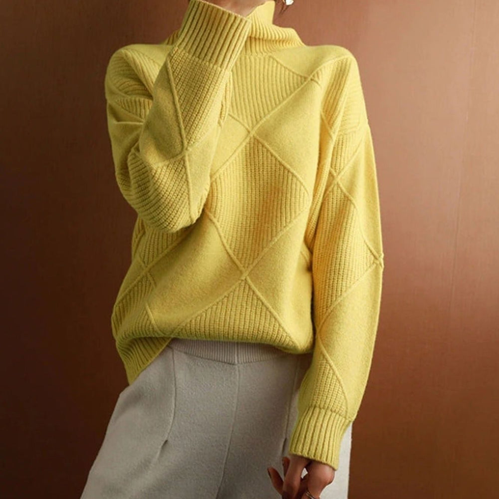 Camila | Women's Oversized Diamond-Texture Turtleneck Knit Sweater - 17