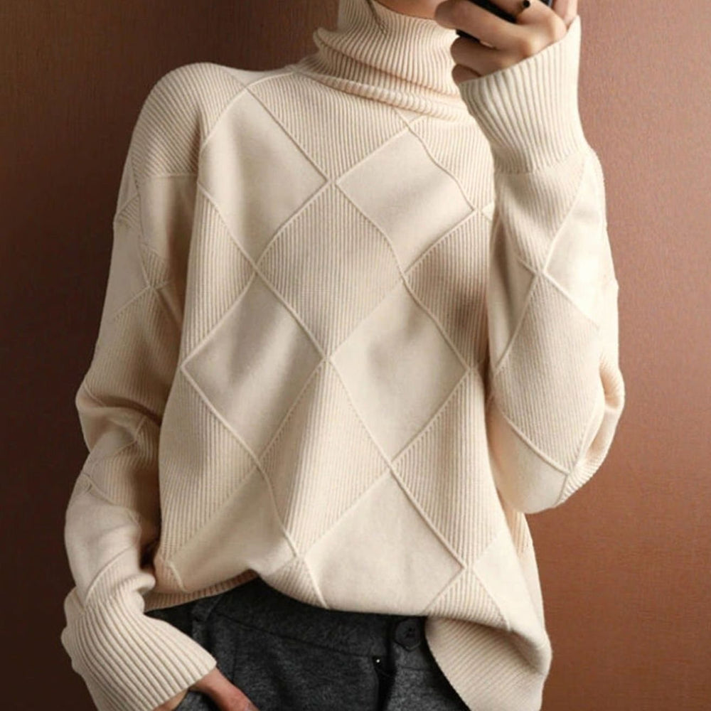 Camila | Women's Oversized Diamond-Texture Turtleneck Knit Sweater - 19