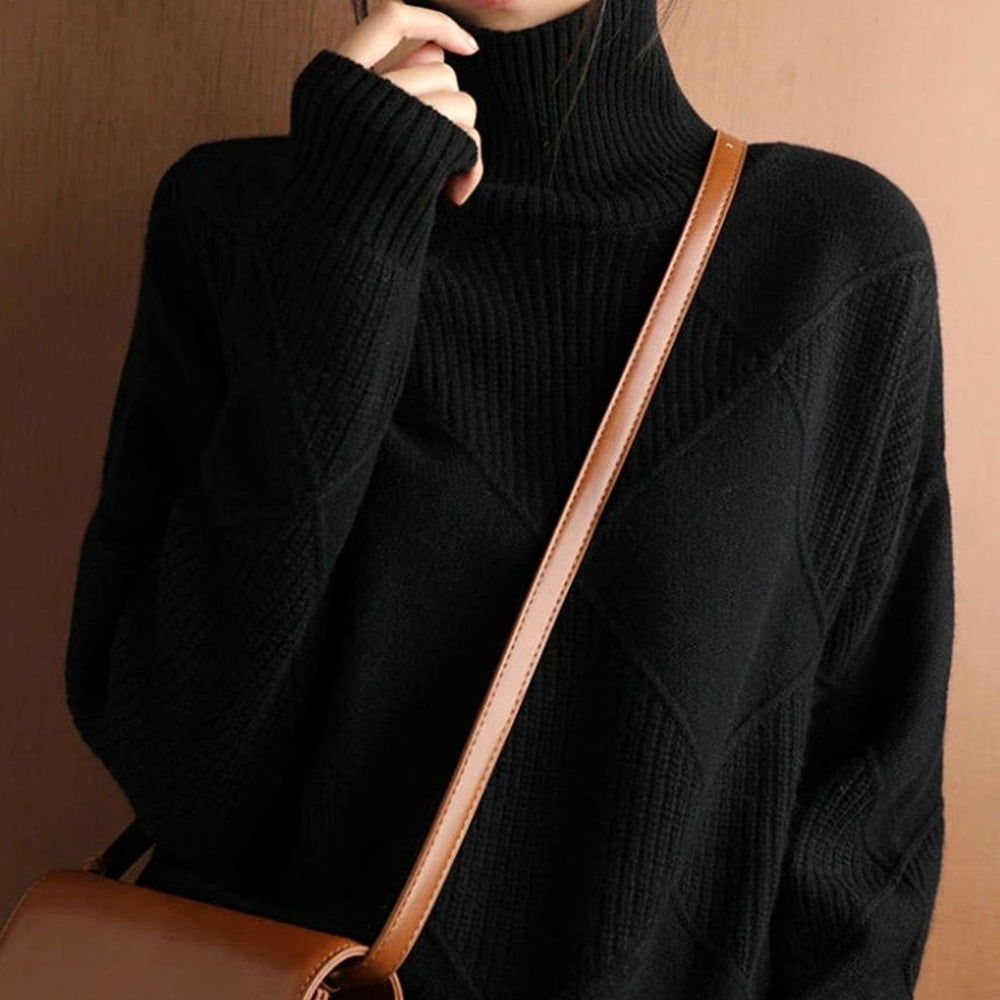 Camila | Women's Oversized Diamond-Texture Turtleneck Knit Sweater - 5