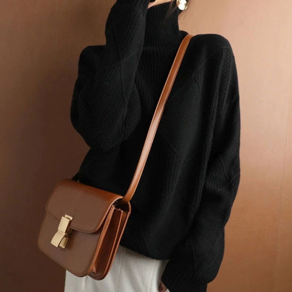 Camila | Women's Oversized Diamond-Texture Turtleneck Knit Sweater - 6