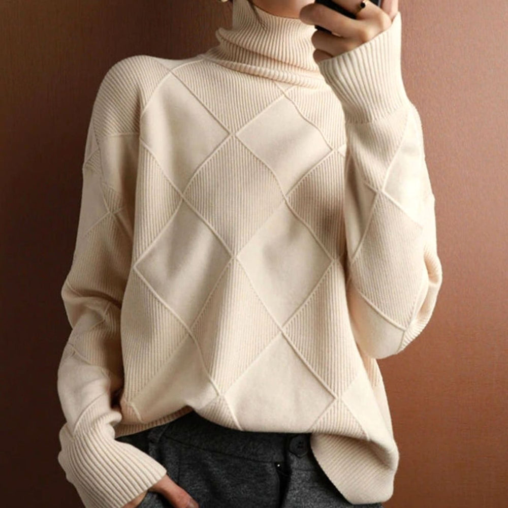 Camila | Women's Oversized Diamond-Texture Turtleneck Knit Sweater - 9