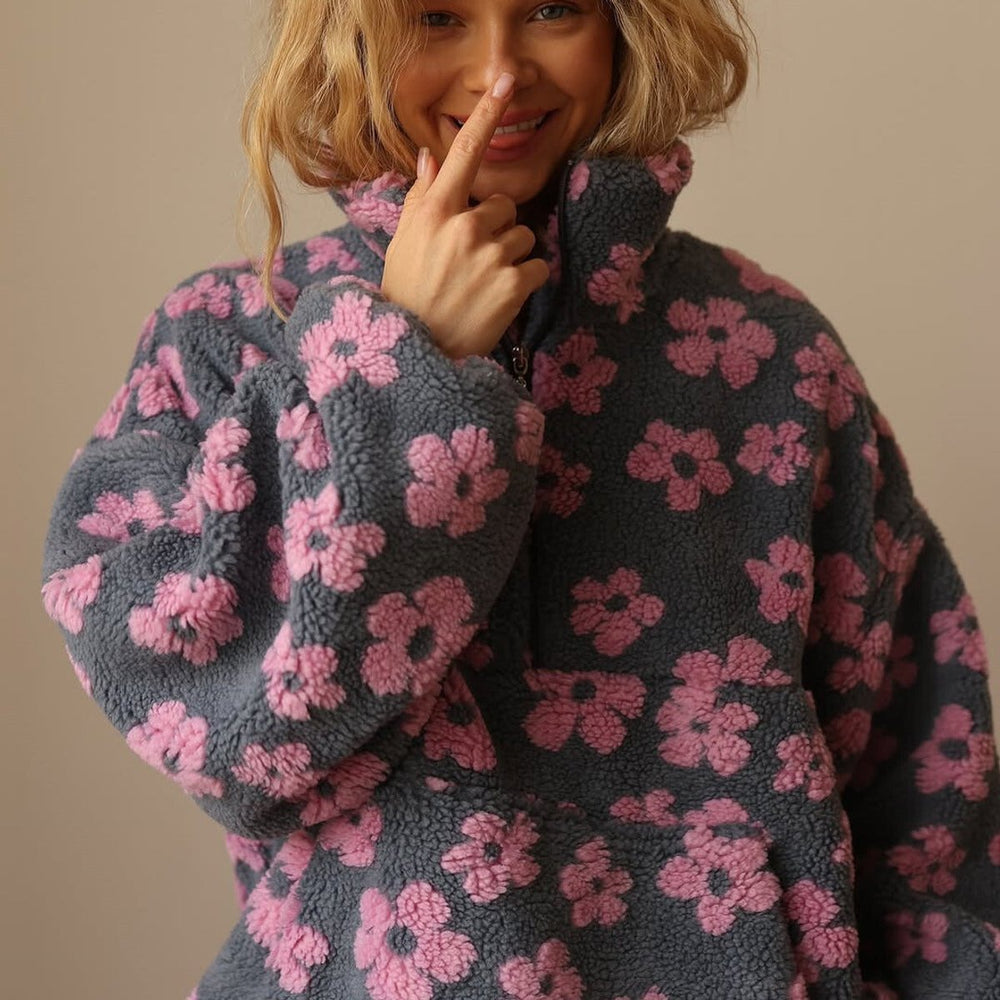 Penelope | Women's Oversized Floral Sherpa Fleece Half-Zip Pullover Sweater