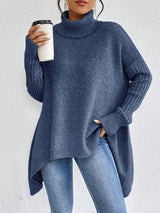 Mia | Women's Oversized Ribbed-Trim Turtleneck Sweater High-Low Hem