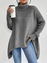 Mia | Women's Oversized Ribbed-Trim Turtleneck Sweater High-Low Hem