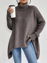 Mia | Women's Oversized Ribbed-Trim Turtleneck Sweater High-Low Hem