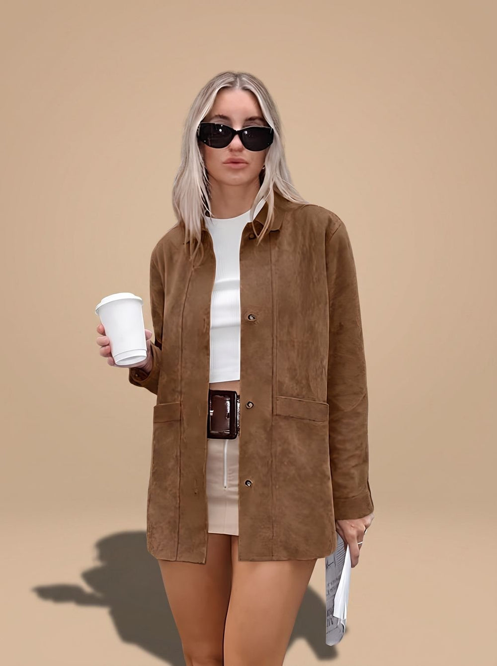 Mia | Women's Oversized Suede Style Shirt Jacket Collared Coat