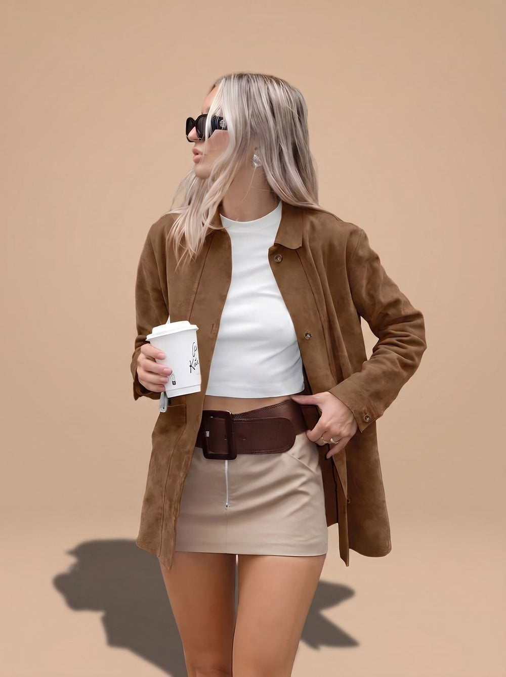 Mia | Women's Oversized Suede Style Shirt Jacket Collared Coat