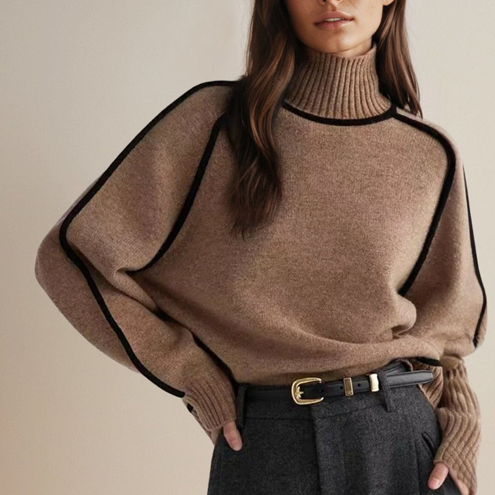 Isabella | Women's Oversized Turtleneck Sweater Contrast Stripe Knit Pullover