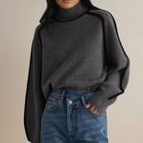 Isabella | Women's Oversized Turtleneck Sweater Contrast Stripe Knit Pullover - 3