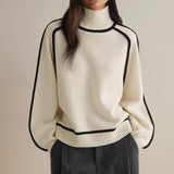 Isabella | Women's Oversized Turtleneck Sweater Contrast Stripe Knit Pullover - 5