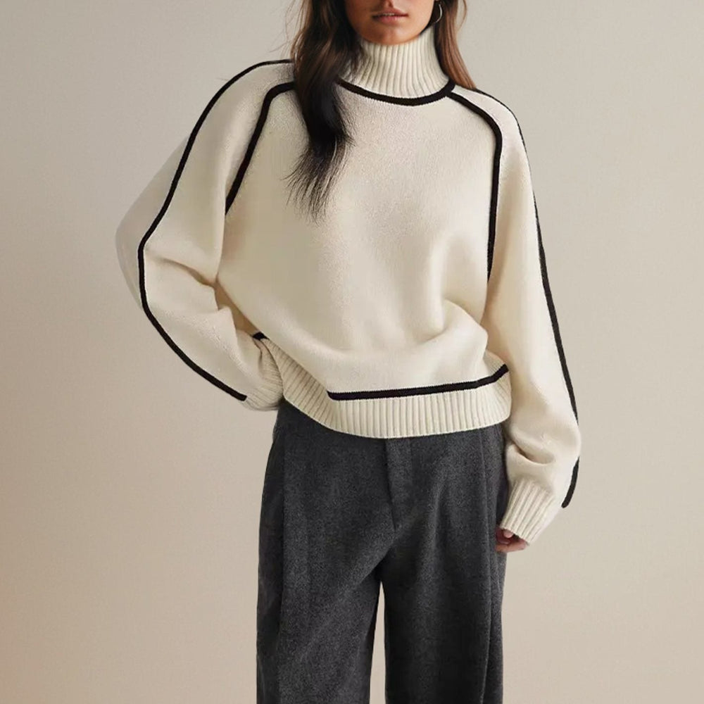 Isabella | Women's Oversized Turtleneck Sweater Contrast Stripe Knit Pullover - 6