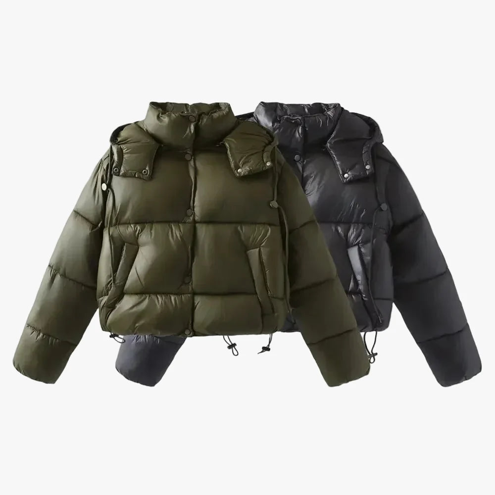 Women's Hooded Padded Puffer Jacket with Snap Closure - Warm & Stylish Winter Outerwear