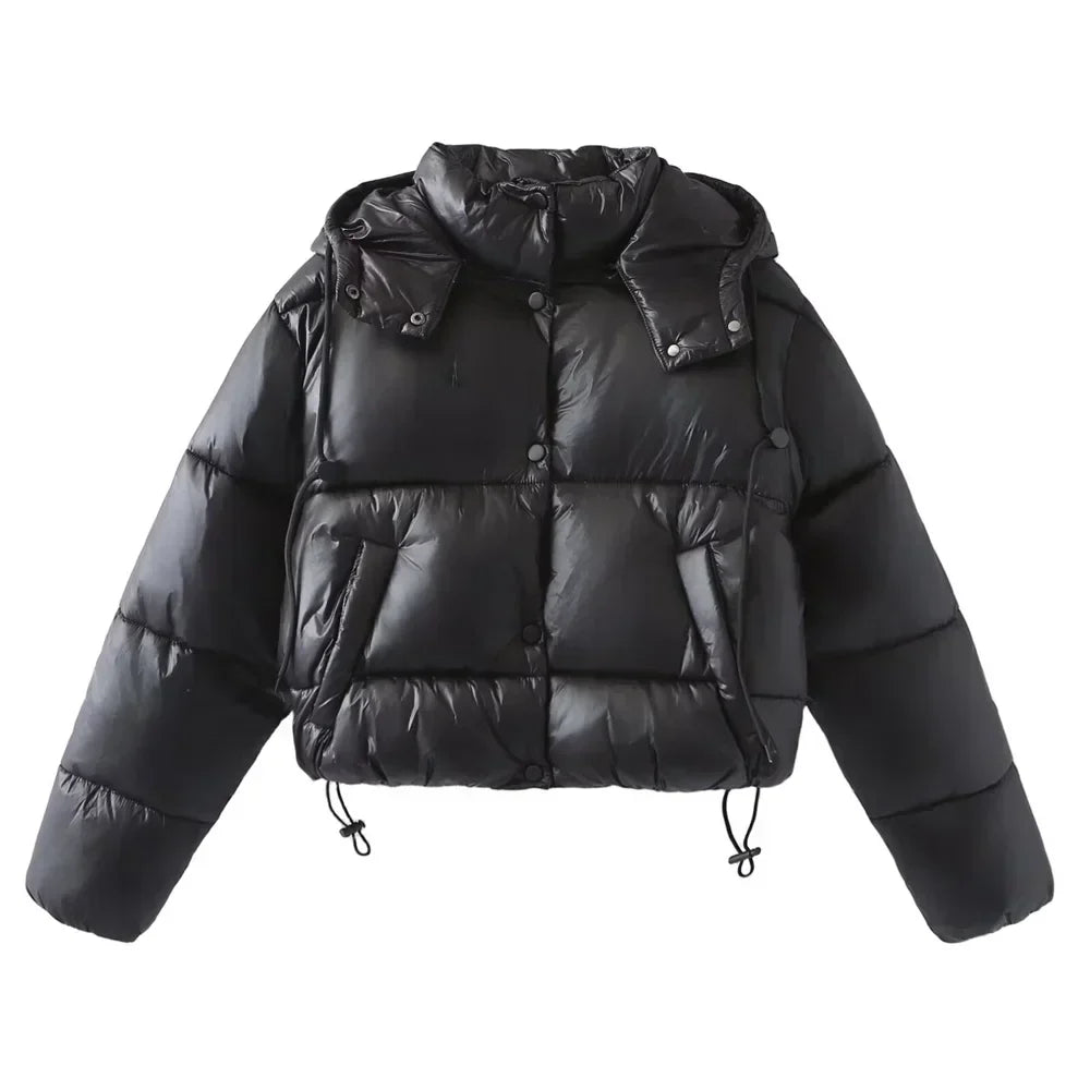 Women's Hooded Padded Puffer Jacket with Snap Closure - Warm & Stylish Winter Outerwear