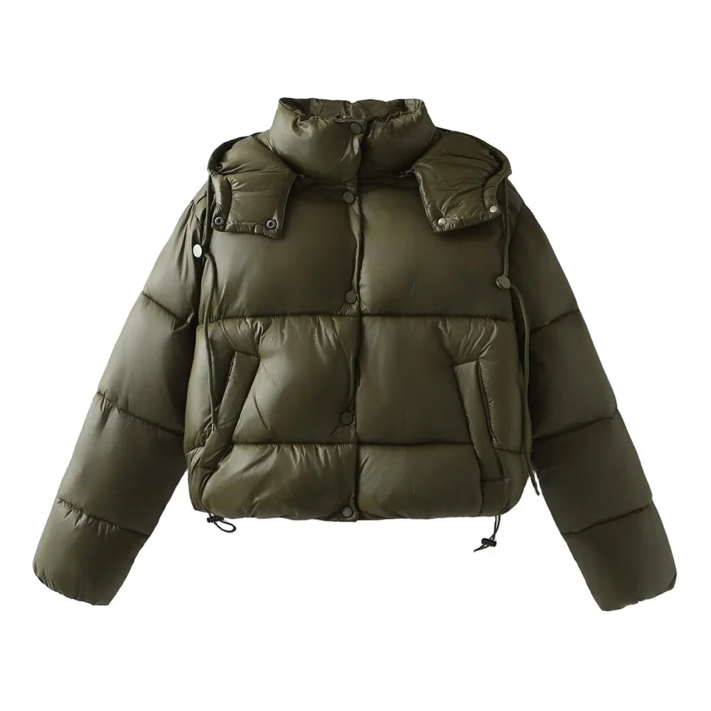 Women's Hooded Padded Puffer Jacket with Snap Closure - Warm & Stylish Winter Outerwear
