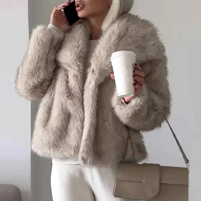 Women's Shawl Collar Pile Faux Fur Coat - Open Front, Cozy & Stylish Outerwear