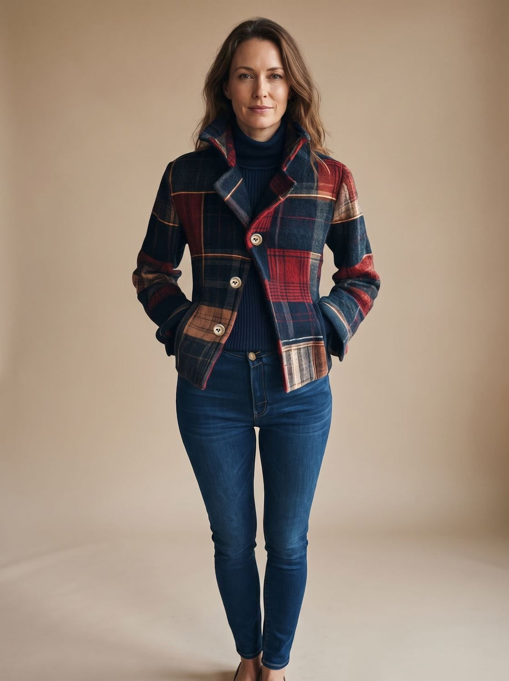 Sophia | Women's Plaid Double-Button Cropped Winter Coat Jacket