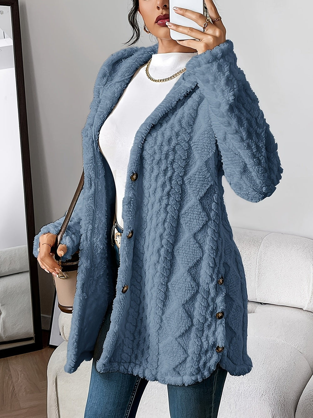Grace | Women's Plush Hooded Button-Front Long Cardigan