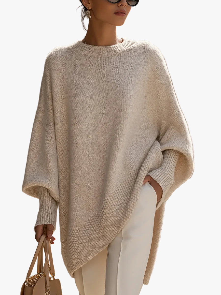 Women's Cozy Poncho-Style Knit Pullover Sweater - Ribbed Trim & Crewneck Design for Ultimate Comfort