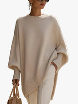 Women's Cozy Poncho-Style Knit Pullover Sweater - Ribbed Trim & Crewneck Design for Ultimate Comfort
