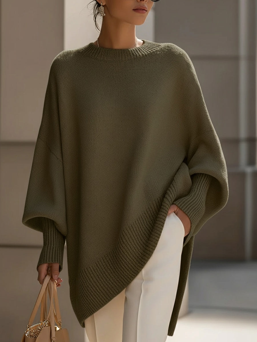 Women's Cozy Poncho-Style Knit Pullover Sweater - Ribbed Trim & Crewneck Design for Ultimate Comfort