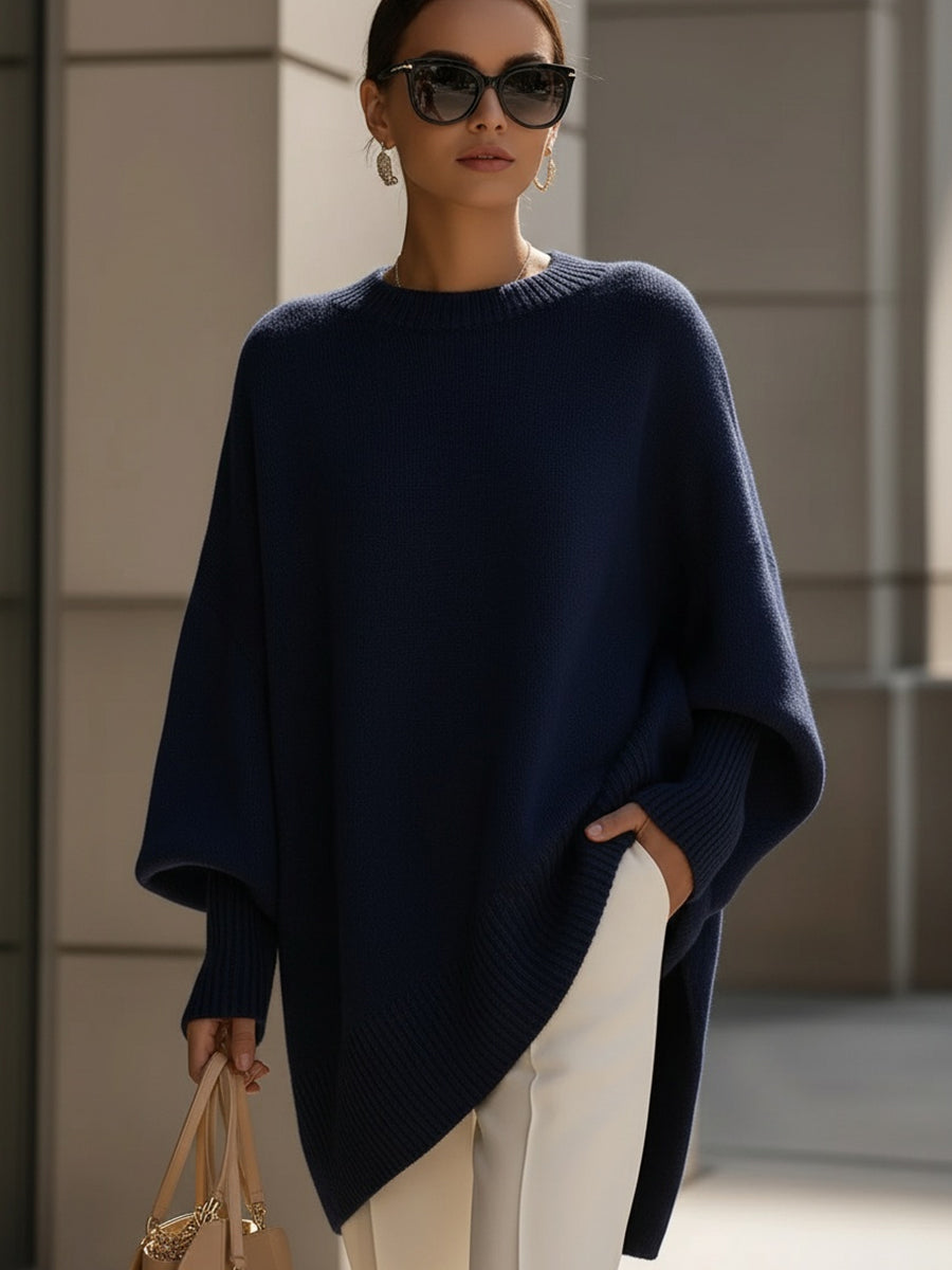 Women's Cozy Poncho-Style Knit Pullover Sweater - Ribbed Trim & Crewneck Design for Ultimate Comfort