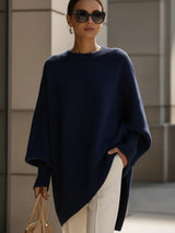 Women's Cozy Poncho-Style Knit Pullover Sweater - Ribbed Trim & Crewneck Design for Ultimate Comfort