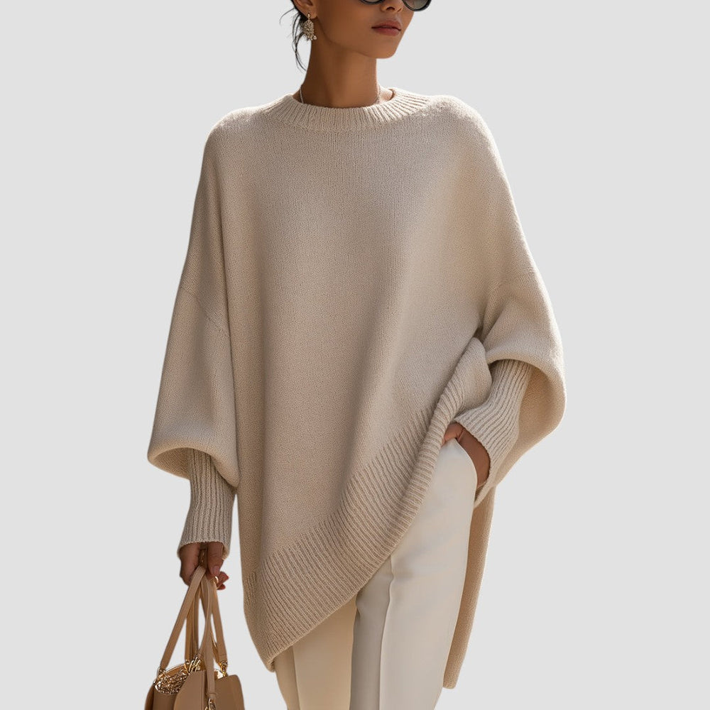 Women's Cozy Poncho-Style Knit Pullover Sweater - Ribbed Trim & Crewneck Design for Ultimate Comfort