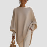 Women's Cozy Poncho-Style Knit Pullover Sweater - Ribbed Trim & Crewneck Design for Ultimate Comfort