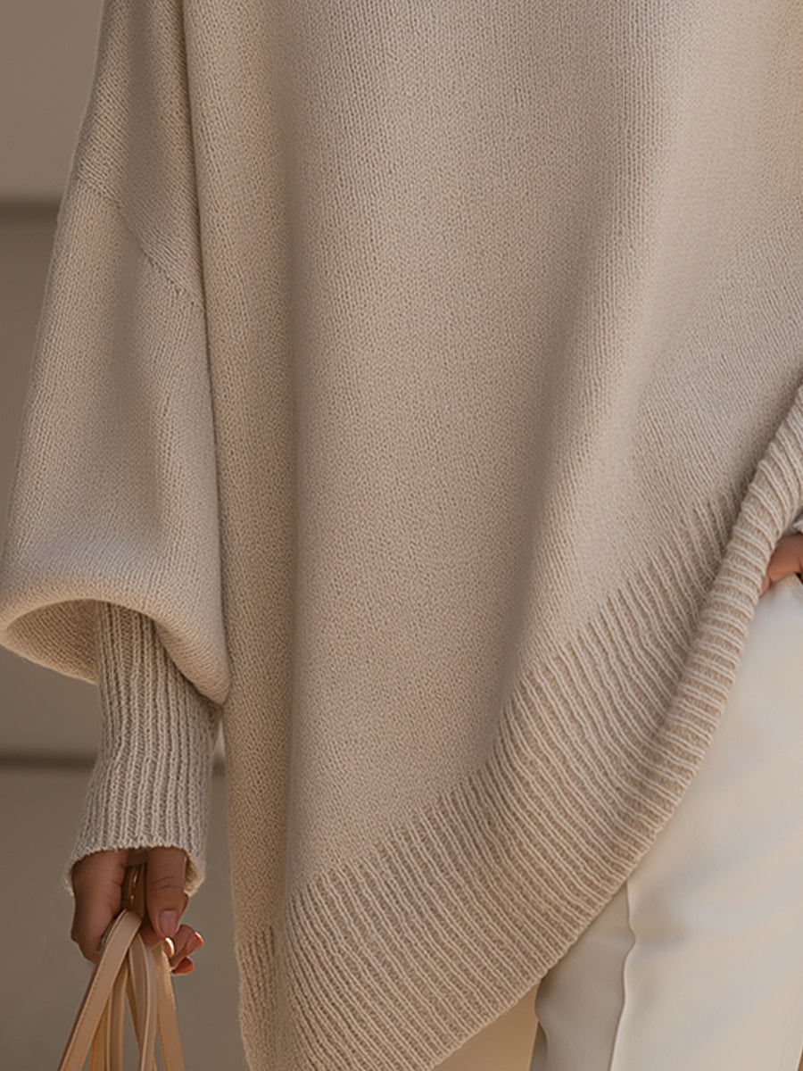 Women's Cozy Poncho-Style Knit Pullover Sweater - Ribbed Trim & Crewneck Design for Ultimate Comfort