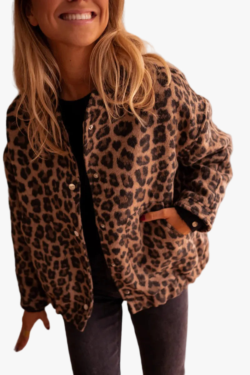 Stylish Women's Quilted Bomber Jacket - Animal Print, Snap Front Closure, Trendy Outerwear
