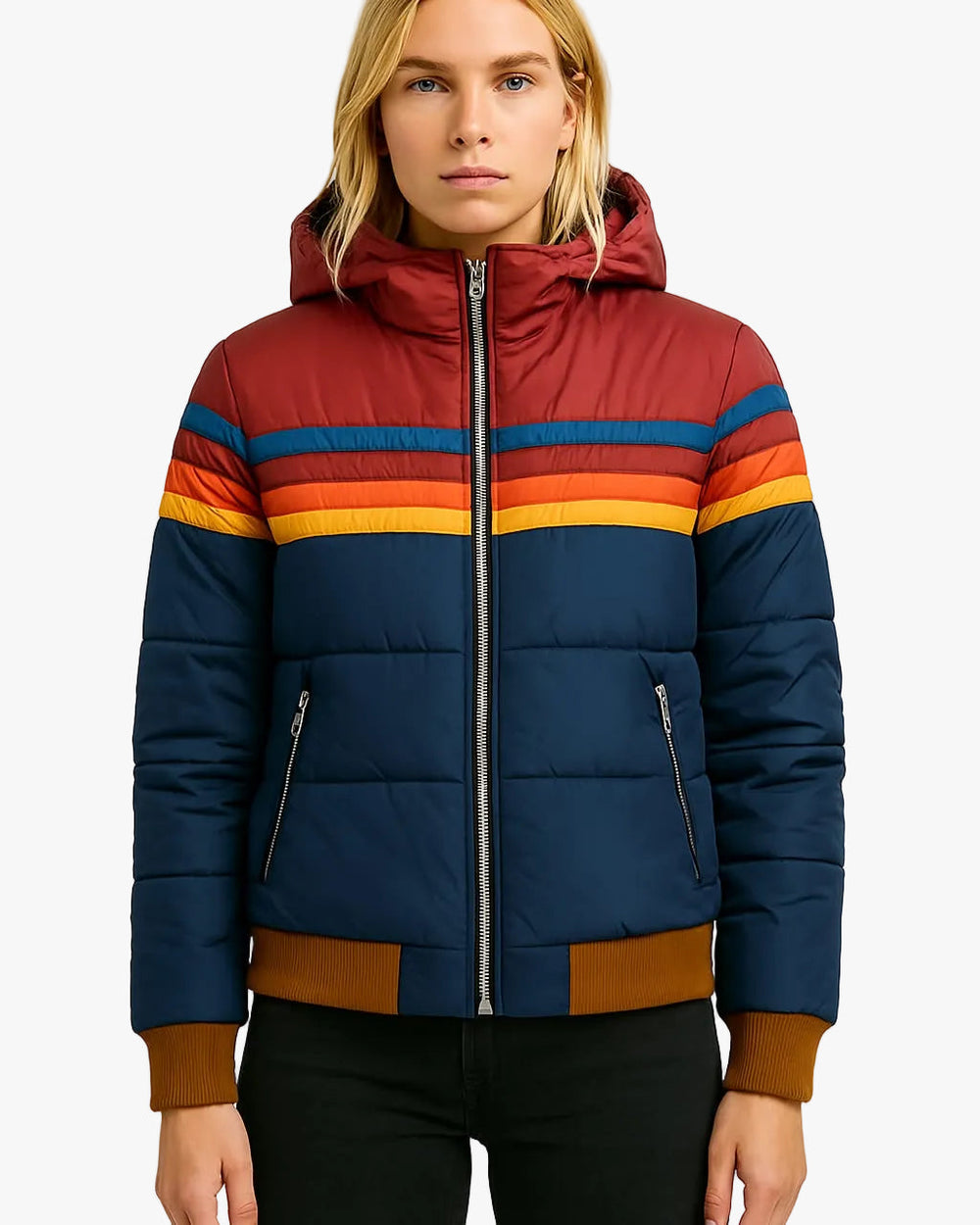 Women's Hooded Quilted Puffer Jacket with Stylish Stripe Bands - Warm & Trendy Outerwear
