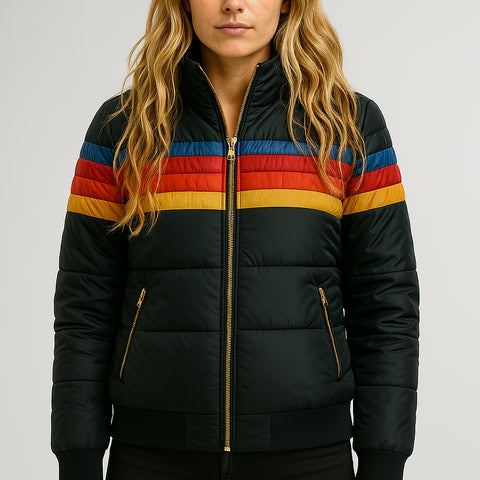 Women's Hooded Quilted Puffer Jacket with Stylish Stripe Bands - Warm & Trendy Outerwear