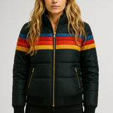 Women's Hooded Quilted Puffer Jacket with Stylish Stripe Bands - Warm & Trendy Outerwear