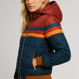 Women's Hooded Quilted Puffer Jacket with Stylish Stripe Bands - Warm & Trendy Outerwear
