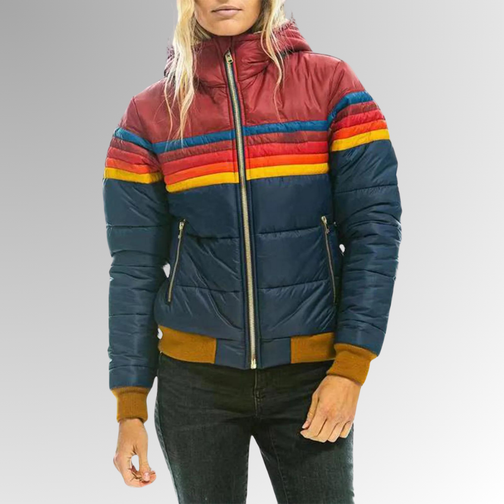 Women's Hooded Quilted Puffer Jacket with Stylish Stripe Bands - Warm & Trendy Outerwear