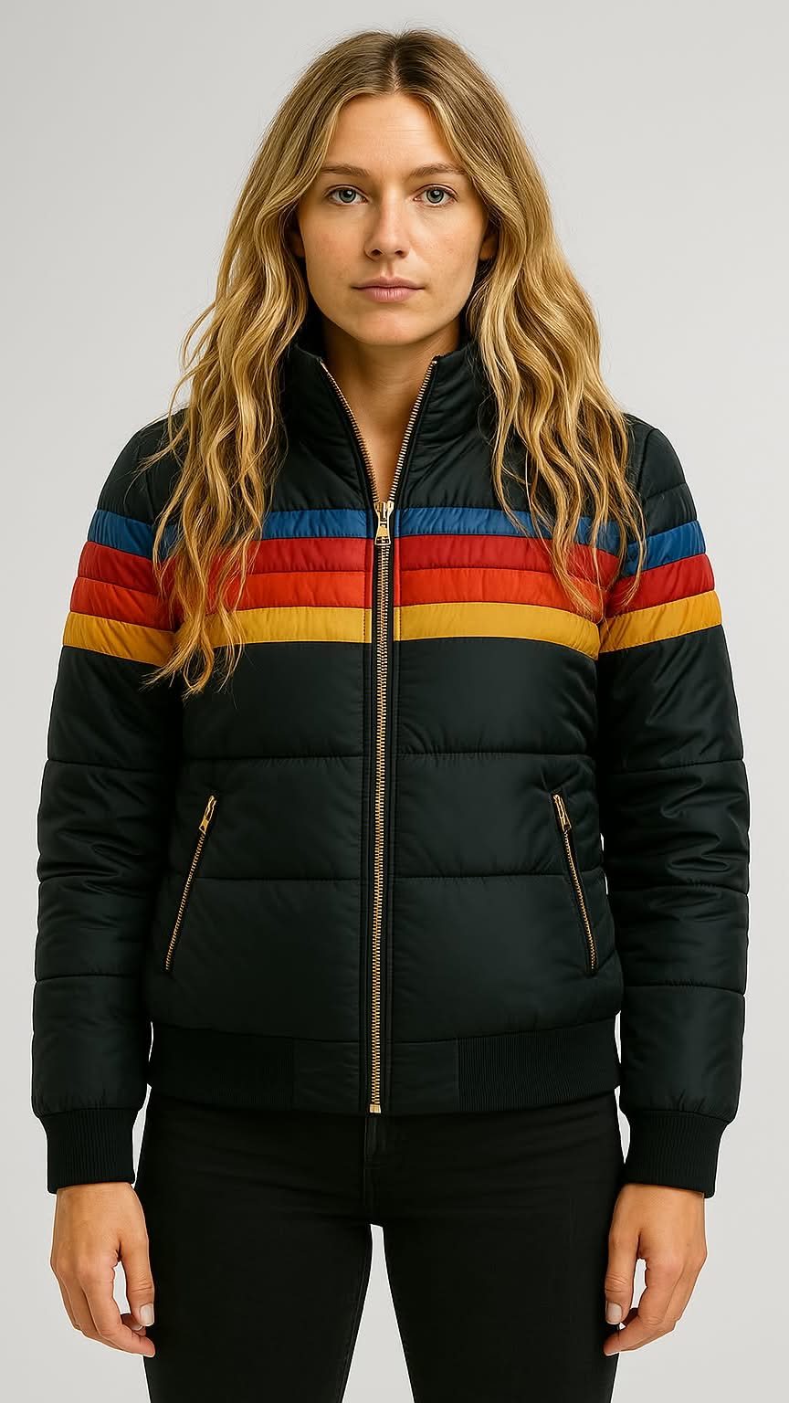 Women's Hooded Quilted Puffer Jacket with Stylish Stripe Bands - Warm & Trendy Outerwear