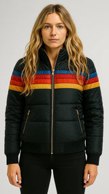 Women's Hooded Quilted Puffer Jacket with Stylish Stripe Bands - Warm & Trendy Outerwear